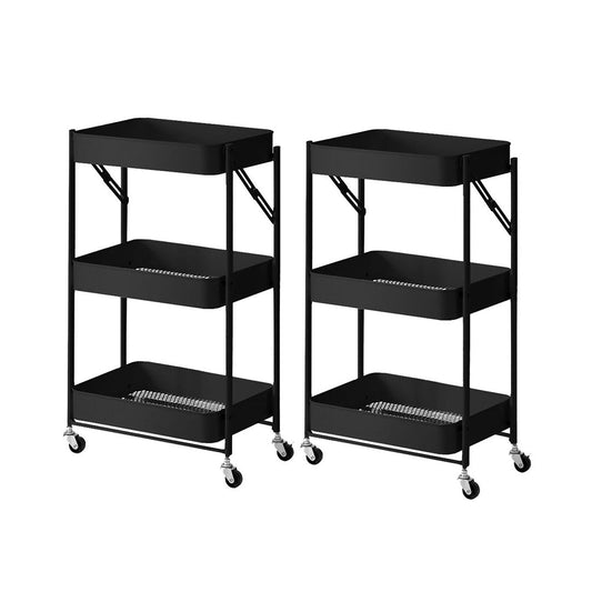 SOGA 2X 3 Tier Steel Black Bee Mesh Kitchen Cart Multi-Functional Shelves Storage Organizer with Wheels