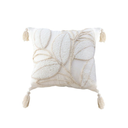 SOGA 45cm Wabi-sabi Cream Flower Cover & Beige Velvet Leaf Ring Square Throw Pillow