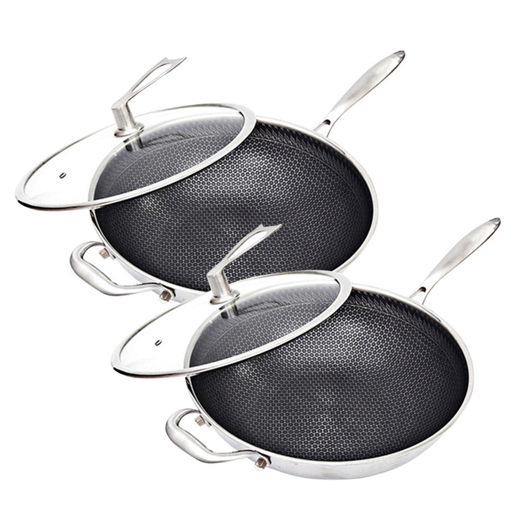 SOGA 2X 34cm Stainless Steel Tri-Ply Frying Cooking Fry Pan Textured Non Stick Skillet with Glass Lid and Helper Handle