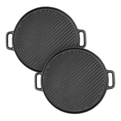 SOGA 2X 30cm Round Cast Iron Ribbed BBQ Pan Skillet Steak Sizzle Platter with Handle