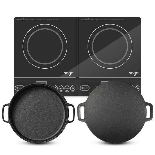 SOGA Dual Burners Cooktop Stove 30cm Cast Iron Skillet and 34cm Induction Crepe Pan Cookware