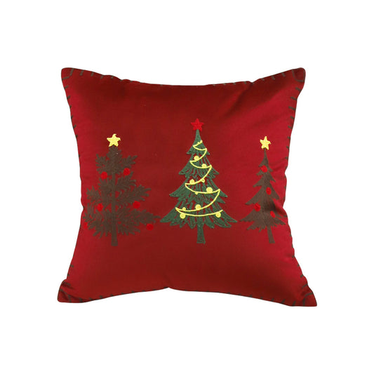 SOGA 45cm Burgundy Red Throw Pillow with Three Embroidered Christmas Trees Festive Holiday Square Cushion Home Decor