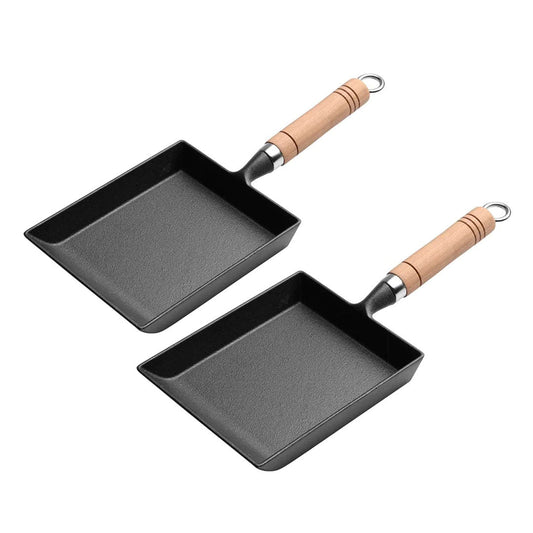 SOGA 2X Cast Iron Tamagoyaki Japanese Omelette Egg Frying Skillet Fry Pan Wooden Handle