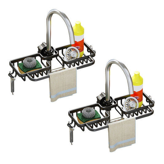 SOGA 2X Black Kitchen Sink Organiser Faucet Soap Sponge Caddy Rack Drainer with Towel Bar Holder