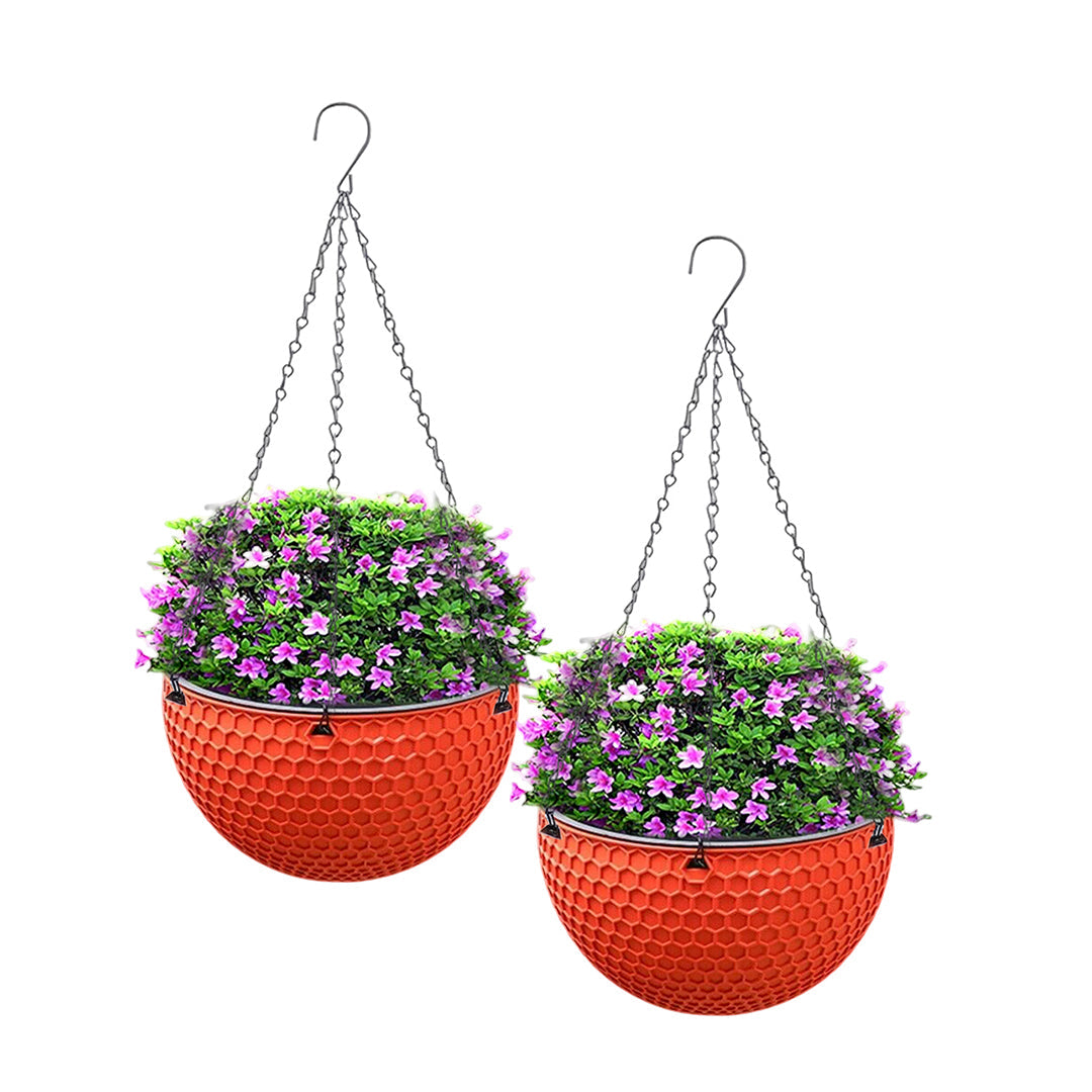 SOGA 2X Red Medium Hanging Resin Flower Pot Self Watering Basket Planter  Outdoor Garden Decor