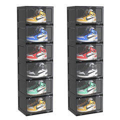 SOGA 2X 6 Tier Black Portable Shoe Organiser Sneaker Footwear Folding Plastic Bin Stackable Storage Box with Magnetic Door