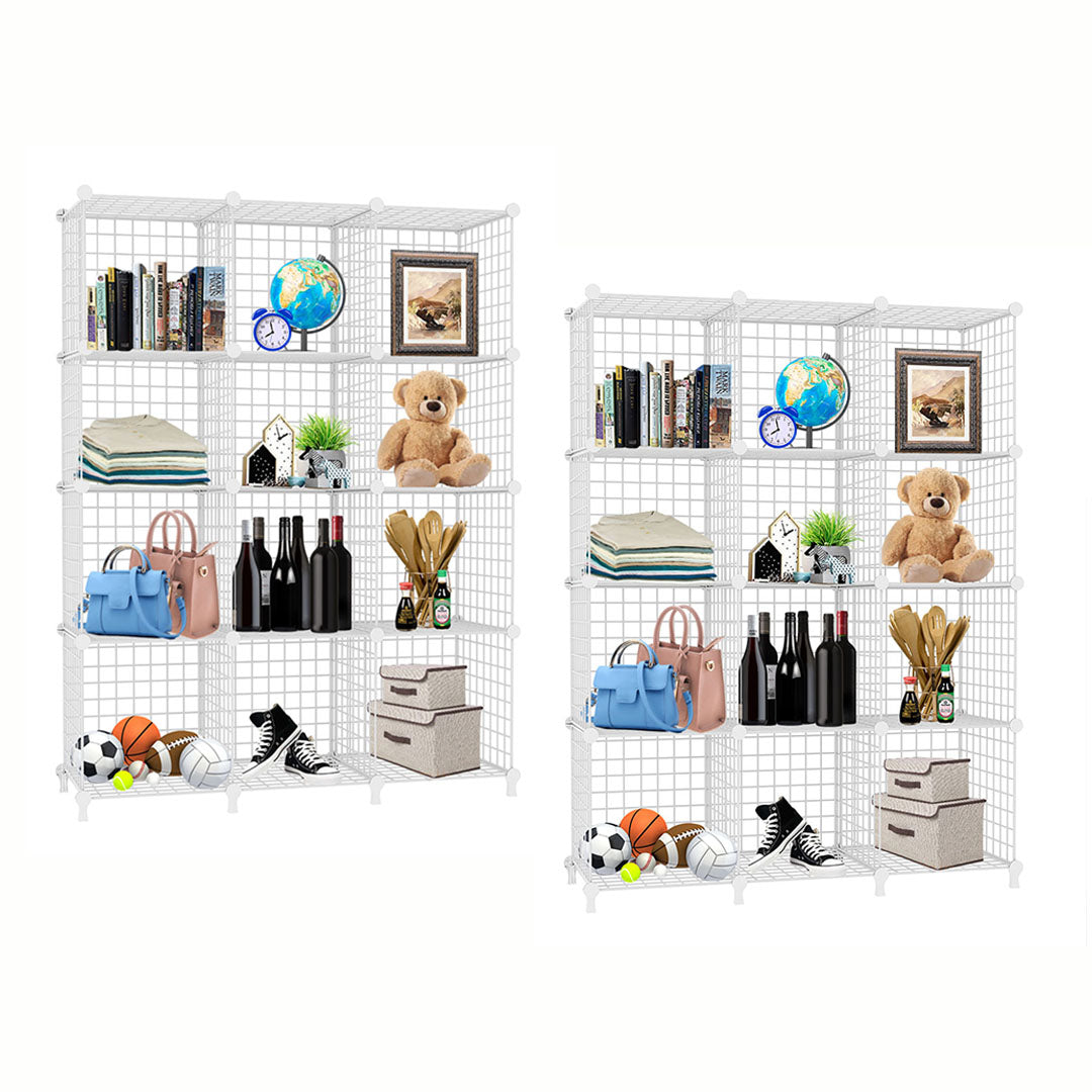 SOGA 2X White Portable 12-Cube 3 Column Storage Organiser Foldable DIY Modular Grid Space Saving Shelf