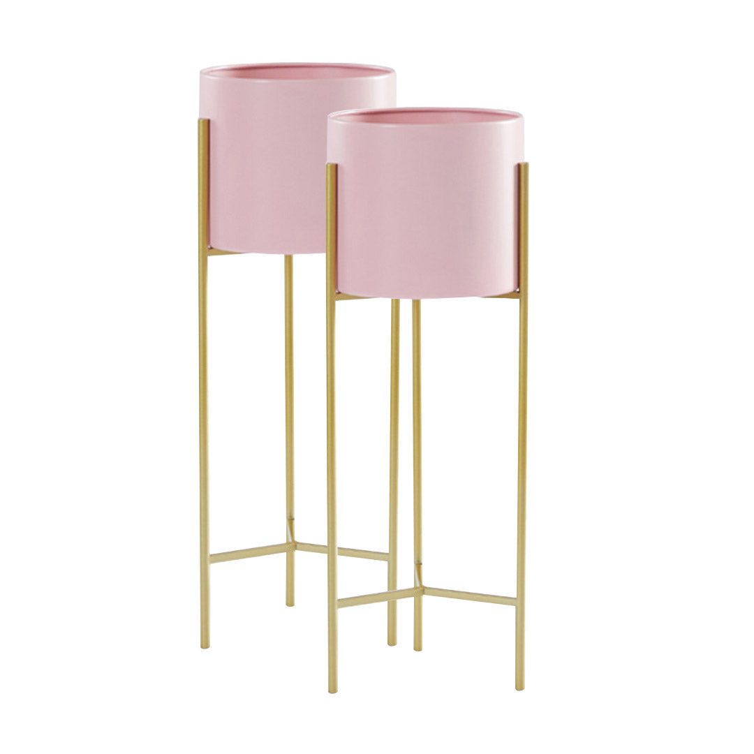 SOGA 2X 2 Layer 42cm Gold Metal Plant Stand with Pink Flower Pot Holder Corner Shelving Rack Indoor Display