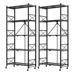 SOGA 2X 5 Tier Steel Black Foldable Display Stand Multi-Functional Shelves Portable Storage Organizer with Wheels