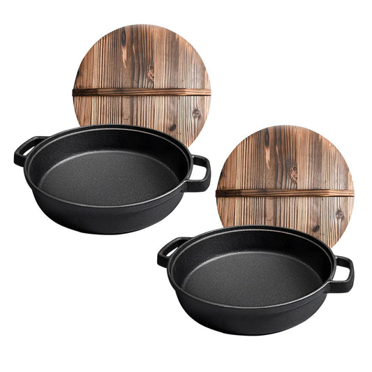 SOGA 2X 33cm Round Cast Iron Pre-seasoned Deep Baking Pizza Frying Pan Skillet with Wooden Lid