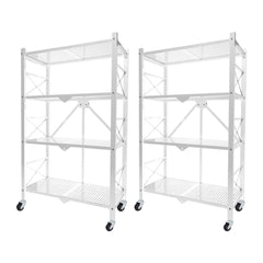 SOGA 2X 4 Tier Steel White Foldable Display Stand Multi-Functional Shelves Storage Organizer with Wheels