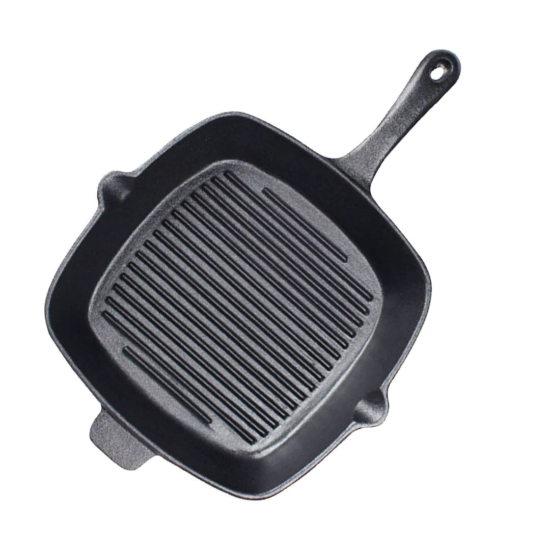 SOGA 26cm Square Ribbed Cast Iron Frying Pan SkilletSteak Sizzle Platter with Handle