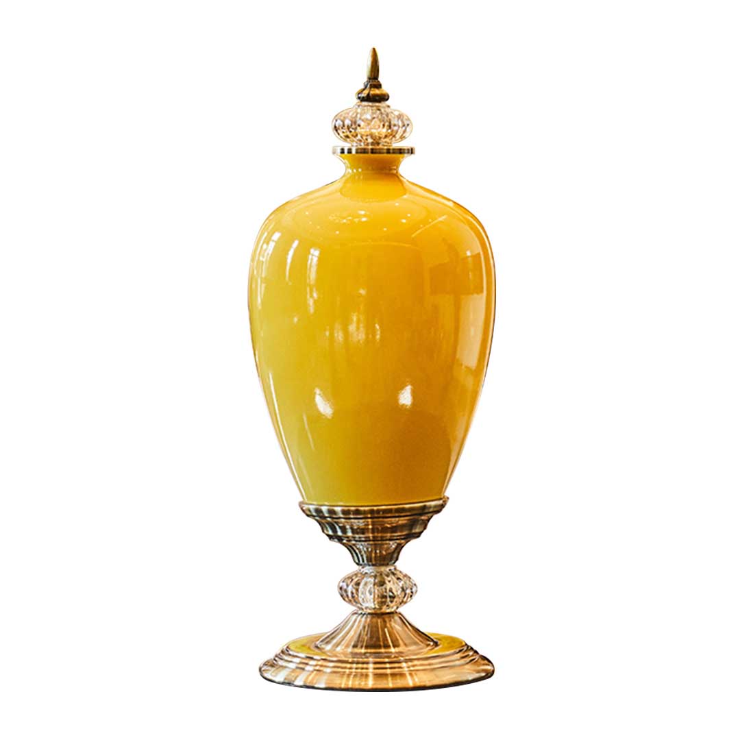 SOGA 42cm Ceramic Oval Flower Vase with Gold Metal Base Yellow