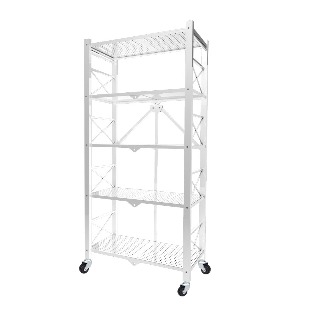 SOGA 5 Tier Steel White Foldable Display Stand Multi-Functional Shelves Storage Organizer with Wheels