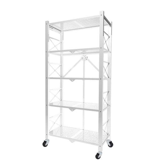 SOGA 5 Tier Steel White Foldable Display Stand Multi-Functional Shelves Storage Organizer with Wheels