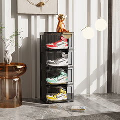 SOGA 4 Tier Black Portable Shoe Organiser Sneaker Footwear Folding Plastic Bin Stackable Storage Box with Magnetic Door