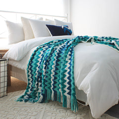 SOGA 2X 220cm Blue Zigzag Striped Throw Blanket Acrylic Wave Knitted Fringed Woven Cover Couch Bed Sofa Home Decor