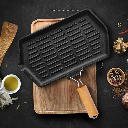 SOGA Rectangular Cast Iron Griddle Grill Pan with Folding Wooden Handle