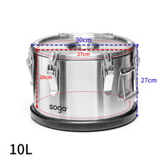 SOGA 10L 304 Stainless Steel Insulated Food Carrier Warmer Container with Anti Slip Rubber Bottom