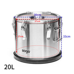 SOGA 2X 20L 304 Stainless Steel Insulated Food Carrier Warmer Container with Anti Slip Rubber Bottom