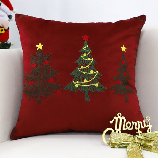 SOGA 45cm Burgundy Red Throw Pillow with Three Embroidered Christmas Trees Festive Holiday Square Cushion Home Decor