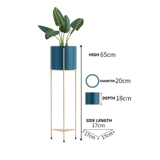 SOGA 2X 2 Layer 65cm Gold Metal Plant Stand with Blue Flower Pot Holder Corner Shelving Rack Indoor Display