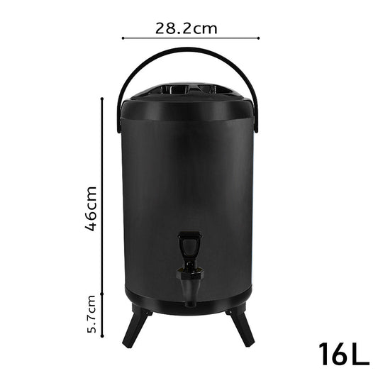 SOGA 2X 16L Stainless Steel Insulated Milk Tea Barrel Hot and Cold Beverage Dispenser Container with Faucet Black