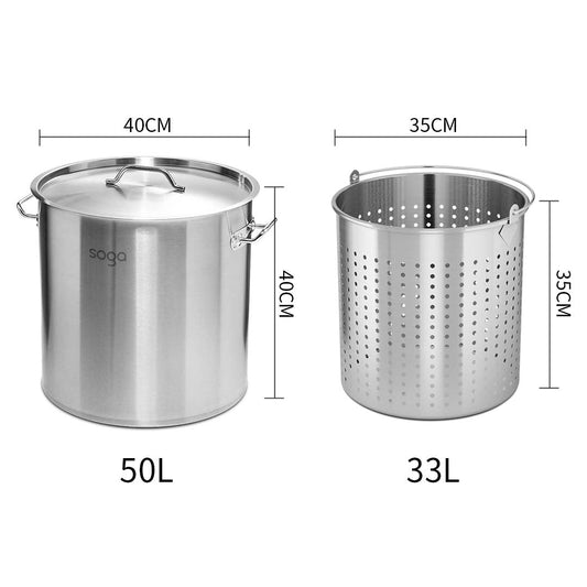 SOGA 50L 18/10 Stainless Steel Stockpot with Perforated Stock pot Basket Pasta Strainer