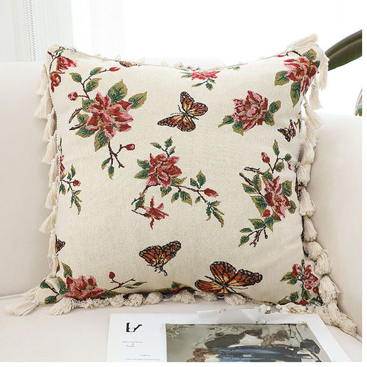 SOGA 2x 45cm Creamy White French Vintage Butterfly Loves Flowers Tassel Throw Pillow