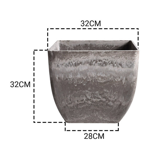 SOGA 2X 32cm Rock Grey Square Resin Plant Flower Pot in Cement Pattern Planter Cachepot for Indoor Home Office