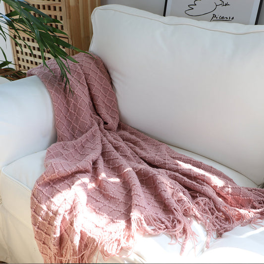 SOGA 2X Pink Diamond Pattern Knitted Throw Blanket Warm Cozy Woven Cover Couch Bed Sofa Home Decor with Tassels