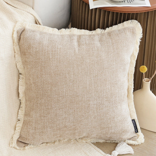 SOGA 45cm Throw Pillow Latte Color Chenille Textured with Tassels Stylish Square Cozy Home Decor