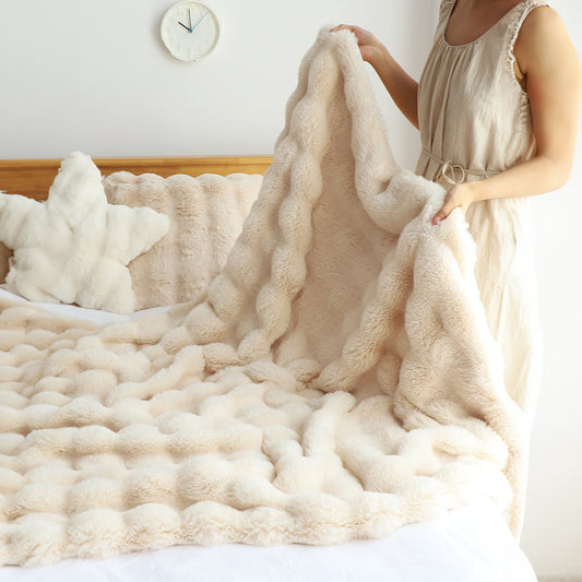 SOGA 160X200cm Throw Blanket  Light Camel Color Double Layer Rabbit Fur Cozy Comfort with Stylish Decor