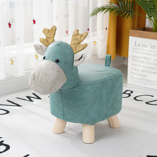 SOGA 2X Green Children Bench Deer Character Round Ottoman Stool Soft Small Comfy Seat Home Decor