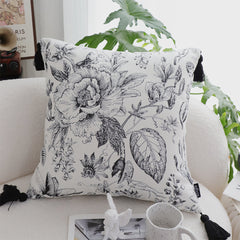 SOGA 50cm Throw Pillow  Black and White Elegant Floral Print with Tassel Accents Home Decor