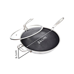 SOGA 2X 34cm Stainless Steel Tri-Ply Frying Cooking Fry Pan Textured Non Stick Skillet with Glass Lid and Helper Handle