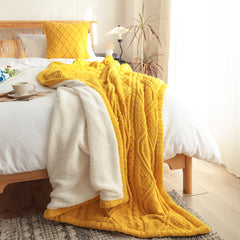 SOGA 200x230cm Throw Blanket Yellow and White Chenille Fleece Knitted Fabric on One Side Soft Suede