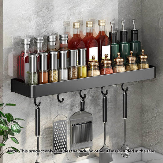 SOGA 2X 52cm Black Wall-Mounted Rectangular Kitchen Spice Storage Organiser Space Saving Condiments Shelf Rack with Hooks