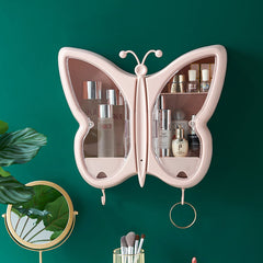 SOGA 2X Pink Butterfly Shape Wall-Mounted Makeup Organiser Dustproof Waterproof Bathroom Storage Box Home Decor