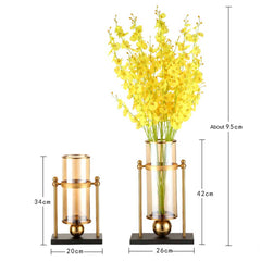 SOGA 40cm Transparent Glass Flower Vase w/ Yellow Flower and 32cm w/ Candle Set