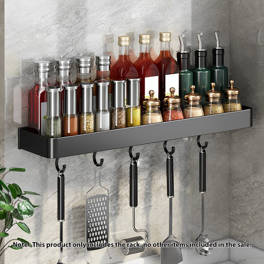 SOGA 42cm Black Wall-Mounted Rectangular Kitchen Spice Storage Organiser Space Saving Condiments Shelf Rack with Hooks