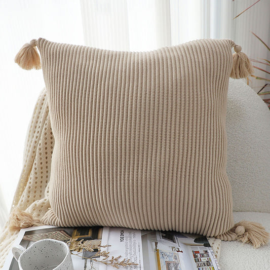 SOGA 2X 45cm Khaki Wabi-Sabi Raised Pillow Cotton Striped Large Tassel Square Throw Pillow