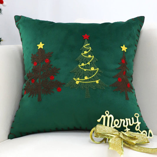 SOGA 45cm Throw Pillow Green Three Embroidered Christmas Trees for Festive Holiday Square Cushion Home Decor