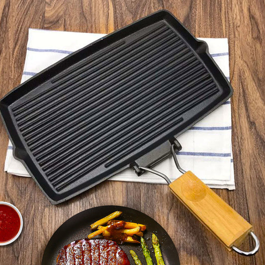 SOGA 2X 20.5cm Rectangular Cast Iron Griddle Grill Frying Pan with Folding Wooden Handle