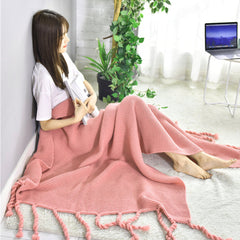 SOGA 2X Pink Tassel Fringe Knitting Blanket Warm Cozy Woven Cover Couch Bed Sofa Home Decor