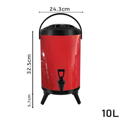 SOGA 2X 10L Stainless Steel Insulated Milk Tea Barrel Hot and Cold Beverage Dispenser Container with Faucet Red