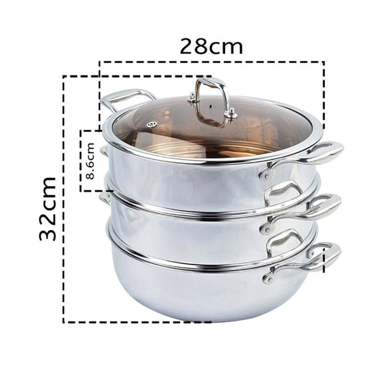 SOGA 3 Tier 28cm Heavy Duty Stainless Steel Food Steamer Vegetable Pot Stackable Pan Insert with Glass Lid