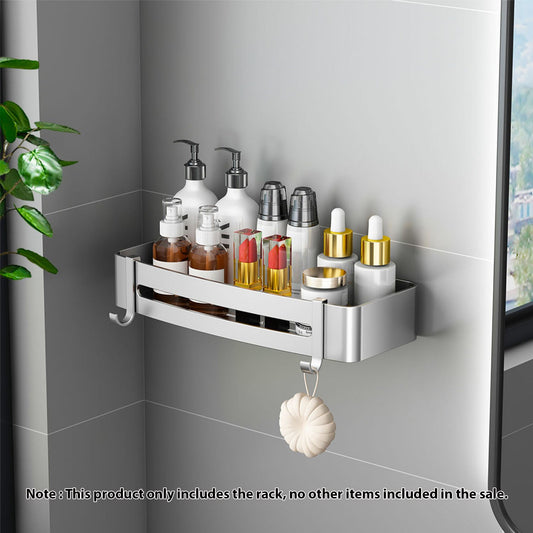 SOGA 2X Silver Wall-Mounted Rectangular Bathroom Storage Organiser Space Saving Adhesive Shelf Rack with Hooks