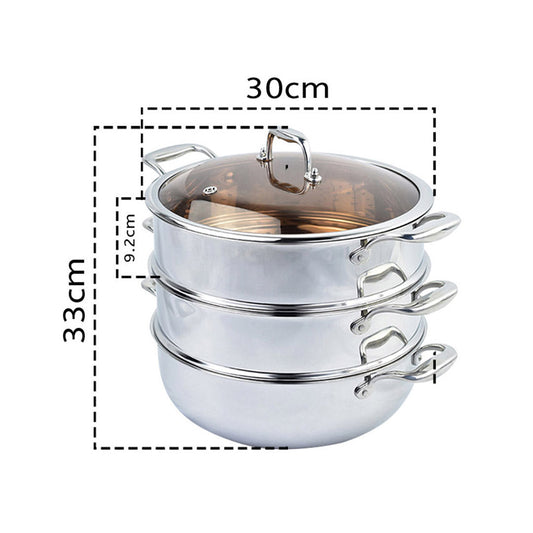 SOGA 2X 3 Tier 30cm Heavy Duty Stainless Steel Food Steamer Vegetable Pot Stackable Pan Insert with Glass Lid