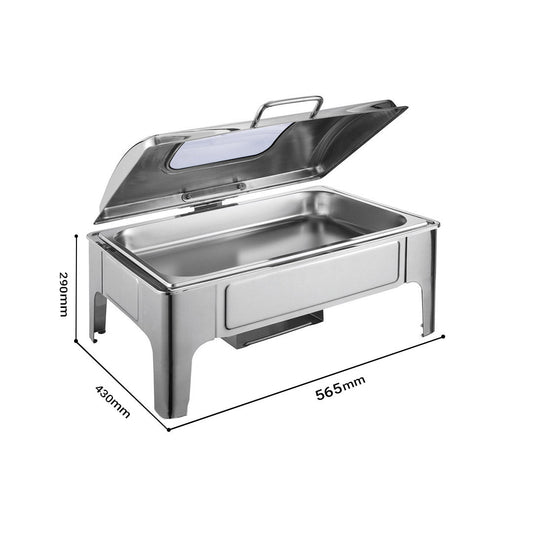 SOGA 9L Rectangular Stainless Steel Soup Warmer Roll Top Chafer Chafing Dish Set with Glass Visual Window Lid